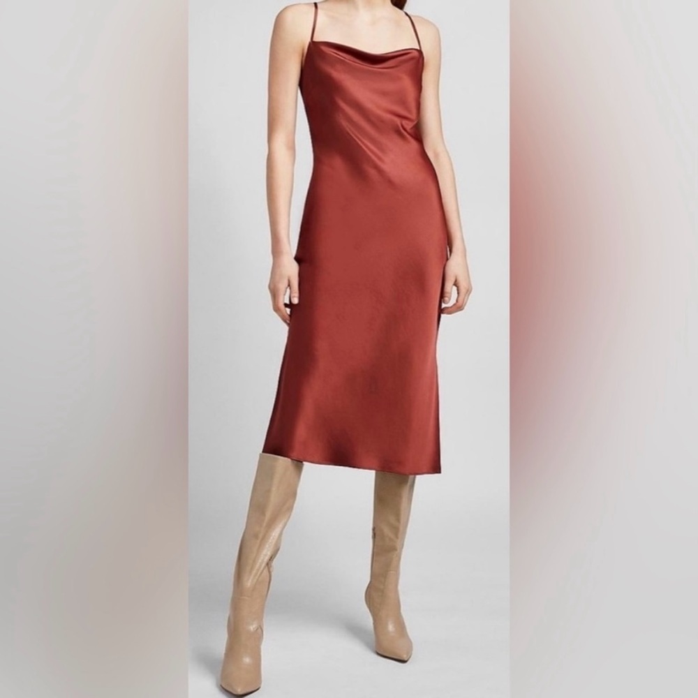 NEW Express Satin Cowl Neck Midi Slip Dress Rust Orange Women's Size Small